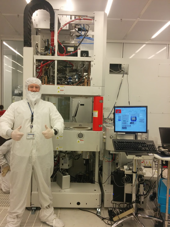 Bunny-suited in a clean room lab at Lam Research Corp.